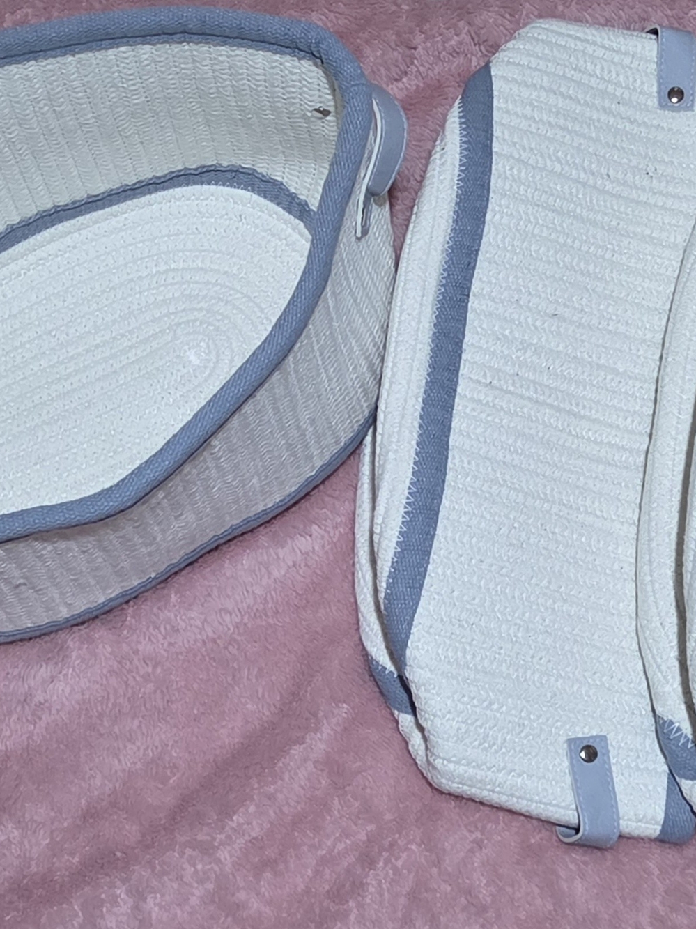 White & Light Blue Waffle Knit Baskets Set Of 3. New!
